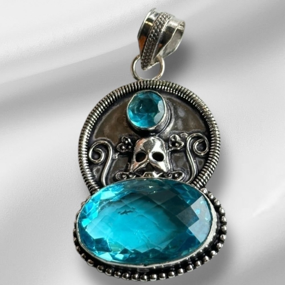 Hand Crafted Blue Topaz Pendant,  Jewelry Gemstone Bezel Dark Academia Goth 4360